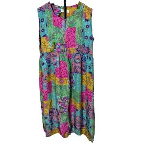 Dong Myang Korea Patchwork Floral Sleeveless Midi Dress Boho Cottagecore Pink L